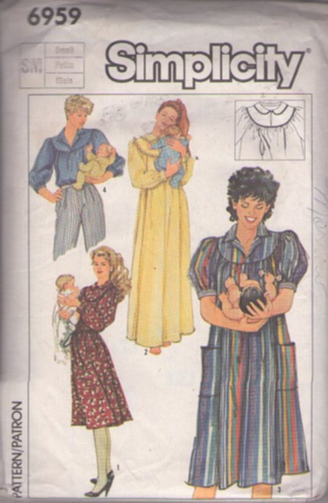 Simplicity 6959 Vintage 80's Sewing Pattern Mother To Be Separates, Nursing Mom Bust Slits for Nursing Scoop Yoked House Dress, Day Dress, Blouse, Nightgown Size S