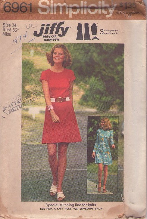 Simplicity 6961 Vintage 70's Sewing Pattern Easy Day Dress, Jiffy Tshirt Knits Flared Secretary or Summer Day Dress Size 10