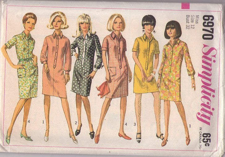 Simplicity 6970 Vintage 60's Sewing Pattern Mod Dress, Front Button Band Shirt Dress, 4 Styles Size 12