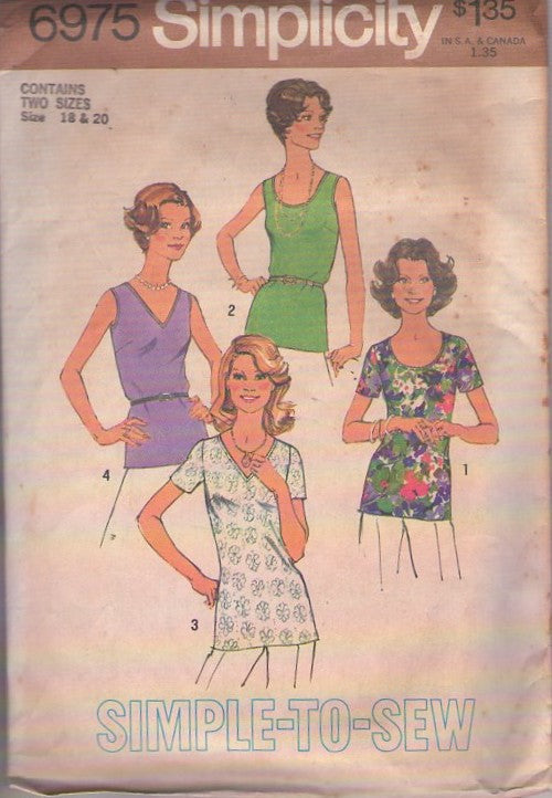 Simplicity 6975 Vintage 70's Sewing Pattern Plus Size Top Set, Full Figure V or Scoop Neck Tank Top, Tshirts Size 18-20