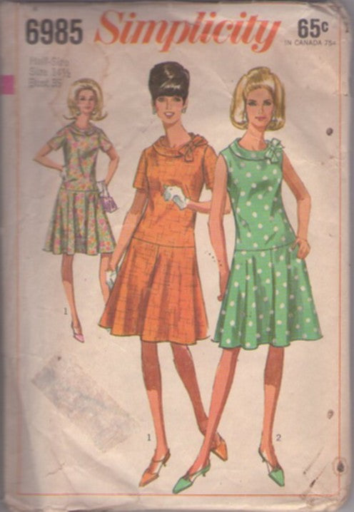 Simplicity 6985 Vintage 60's Sewing Pattern Day Dress, Half Size, Drop Waist Flared Skirt Day Dress Size 14.5
