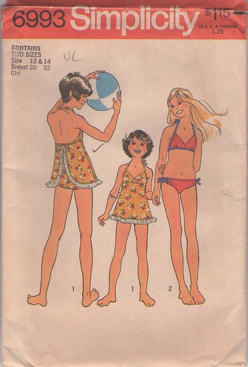 Simplicity 6993 Vintage 70's Sewing Pattern Teen Girl's Swimwear, Modest Bathing Suit, Skirted Apron Top & Briefs, Bikini Bra Top & Bottoms Size 12-14 UNCUT