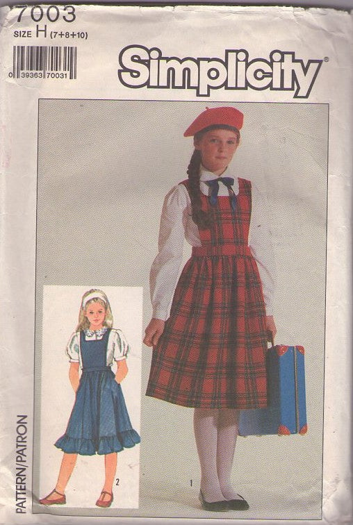 Simplicity 7003 Vintage 80's Sewing Pattern Girl's Jumper, Blouse, Modest Separates, Farmcore School Uniform Look, Sun Dress, Puff Sleeve Collared Blouse Size 7-8
