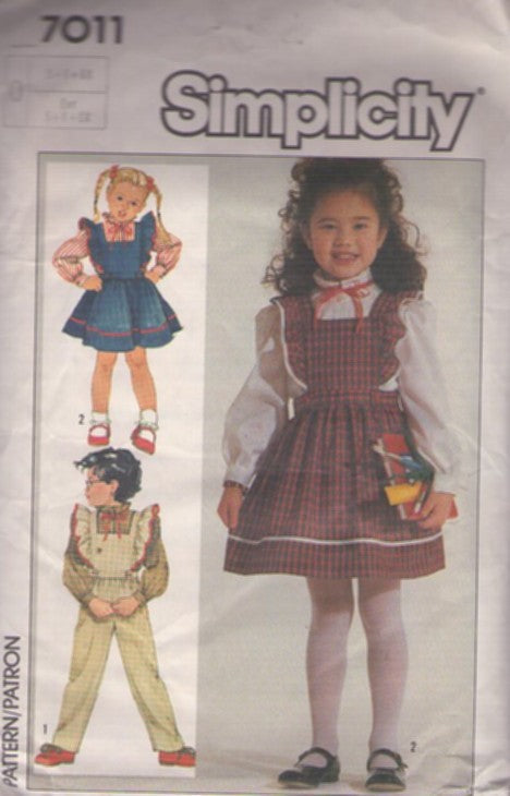Simplicity 7011 Vintage 80's Sewing Pattern Girl's School Separates, Cottagecore, Pinafore Bib Jumper Dress, Overalls, Stand Up Ruffle Collar Blouse Size 5-6X