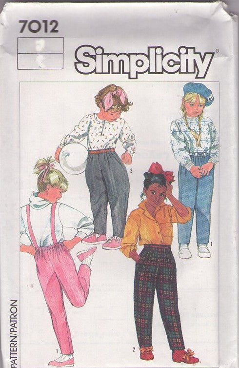 Simplicity 7012 Vintage 80's Sewing Pattern Girls' School Pants, Pleated Trousers, Wide Leg Equestrian Jodhpurs Riding Pants, Suspenders Size 5