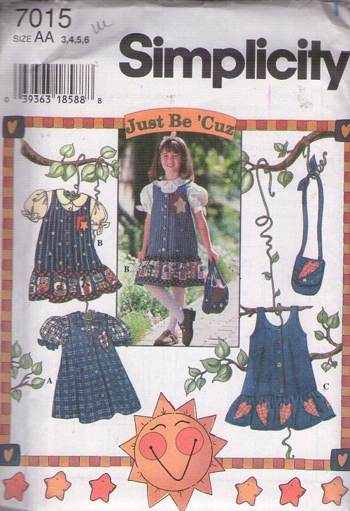 Simplicity 7015 Retro 90's Sewing Pattern Girl's Separates, Just Be Cuz, Cottagecore, Wearable Art, School Jumper, Dress, Puff Sleeve Blouse, Crossbody Shoulder Bag, Purse Size 3-6