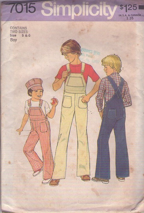 Simplicity 7015 Vintage 70's Sewing Pattern Boys' Coveralls, Retro Denim Bib Overalls, Pockets, Train Conductor Cap, Hat Size 5-6