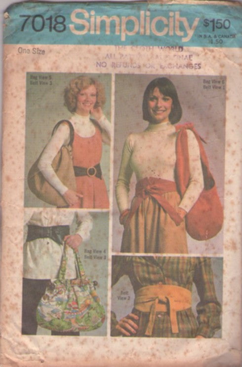 Simplicity 7018 Vintage 70's Sewing Pattern Belts & Bags, Hippie Era Tied Knot, or Bermuda Large Tote Bag Purse, Wrap Obi Sash Belt, Buckle Wrap Belt One Size Foxing Spots
