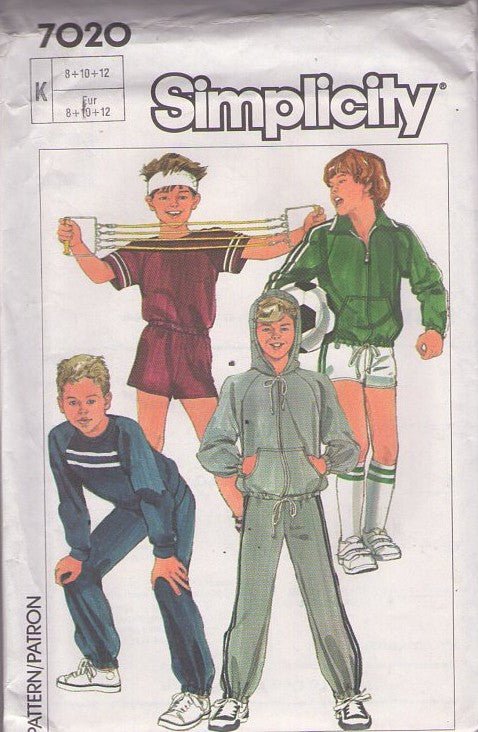 Simplicity 7020 Vintage 80's Sewing Pattern Boys' Track Suit, Jacket, Gym Shorts, Pants Size 8-12