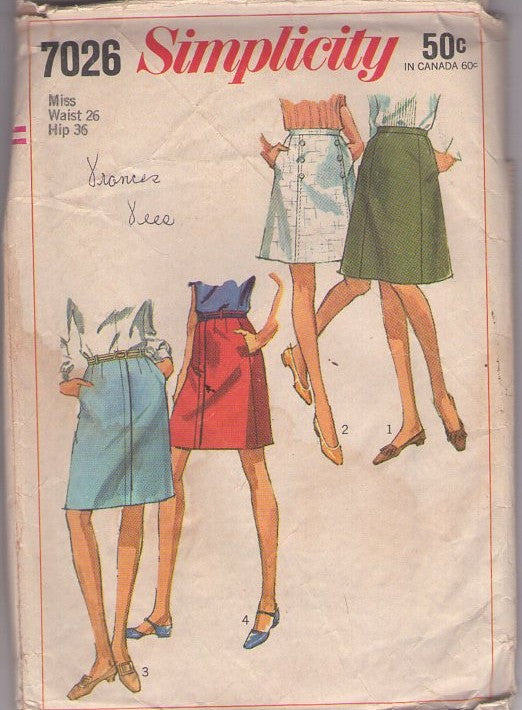 Simplicity 7026 Vintage 60's Sewing Pattern Mod Skirts, A-Line Secretary Short Skirt Set 4 Styles Waist 26 Size M
