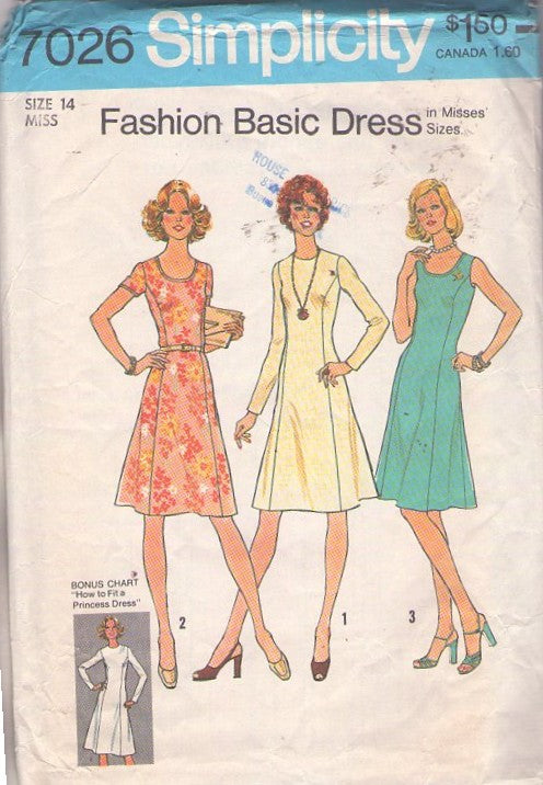 Simplicity 7026 Vintage 70's Sewing Pattern Fashion Basic Dress, Princess Seams, 3 Secretary Styles Size 14