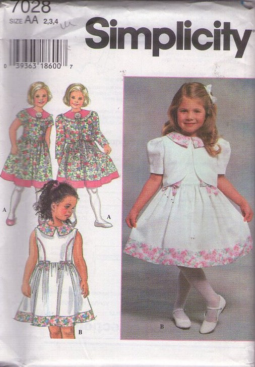 Simplicity 7028 Retro 90's Sewing Pattern Girl's Formal Dress, Princess Seams, Flared Skirt School or Party Dress, Collared Cropped Cover Up Jacket Size 2-4