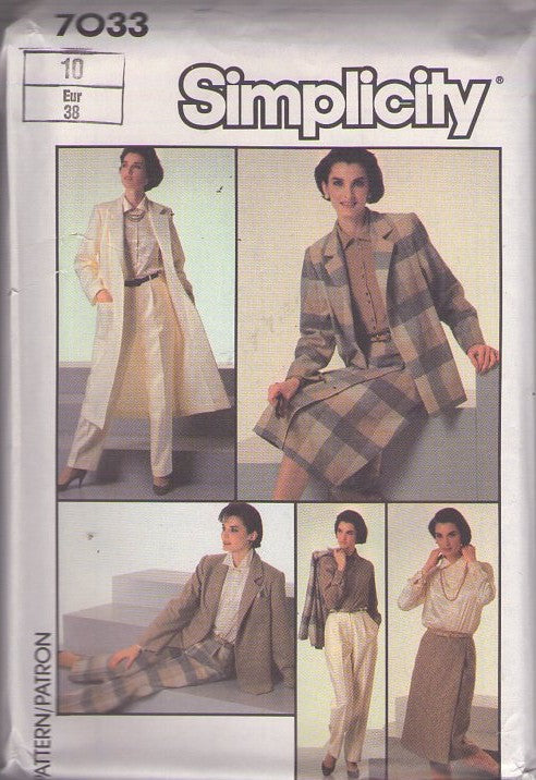 Simplicity 7033 Vintage 80's Sewing Pattern Secretary Separates, Go Everywhere, Blouse, Wrap Front Skirt, Unlined Blazer Suit Jacket, Duster Coat Size 10