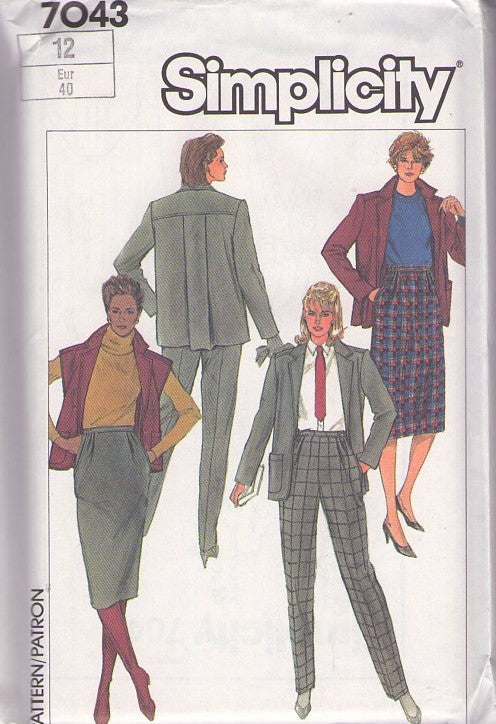 Simplicity 7043 Vintage 80's Sewing Pattern Career Wardrobe, Pleat Back Blazer Suit Jacket, Oversized Vest Coat, Slim Skirt, Peg Leg Tapered Trousers Size 12