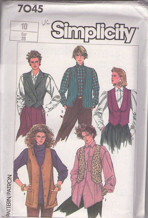 Simplicity 7045 Vintage 80's Sewing Pattern New Wave Vests, Brat Pack Oversized, Cropped, Quilted, Double Breasted Button Front Vest Set 5 Styles Size 10