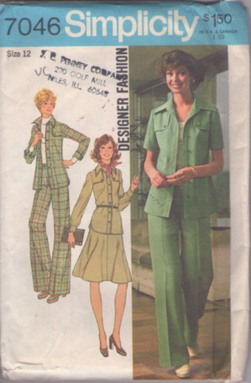 Simplicity 7046 Vintage 70's Sewing Pattern Pantsuit Separates, Designer Fashion Faux Flap Shirt Jacket, Button Up Blouse, Flared Skirt, Belled Bottom Pants Size 12