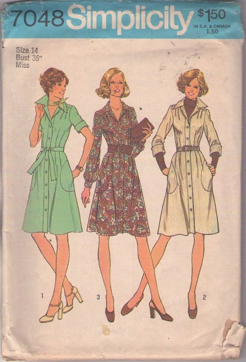 Simplicity 7048 Vintage 70's Sewing Pattern Secretary Dress Set, Disco, Front Buttons, Large Pockets, 3 Styles Size 14