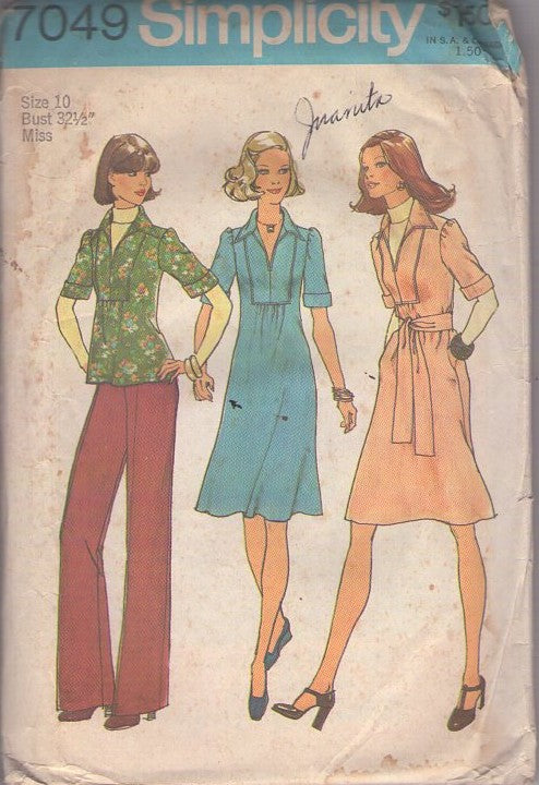Simplicity 7049 Vintage 70's Sewing Pattern Casual Separates, Retro Secretary Collared Front Inset Dress, Tunic Top Blouse, Pants Size 10