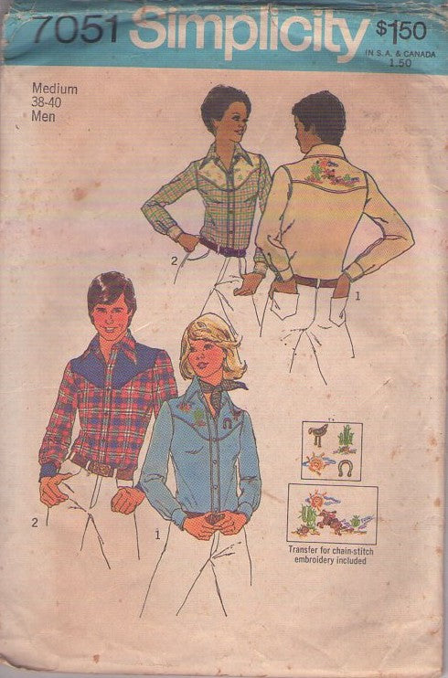 Simplicity 7051 Vintage 70's Sewing Pattern Men's Western Shirts, Scoop Shaped Yoke Pearl Snaps or Buttons Cowboy Shirt, Midnight Cowboy, Hipster Tapered Shirt, Embroidery Size Men M