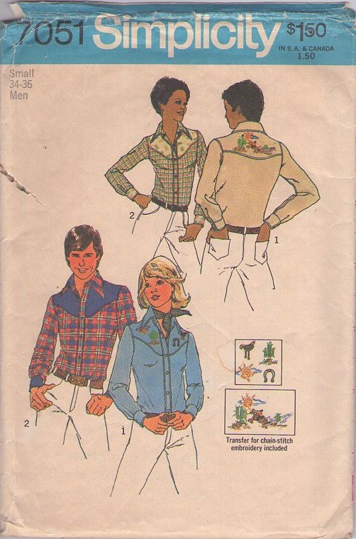 Simplicity 7051 Vintage 70's Sewing Pattern Men's Western Shirts, Scoop Shaped Yoke Pearl Snaps or Buttons Cowboy Shirt, Midnight Cowboy, Hipster Tapered Shirt, Embroidery Size Men S