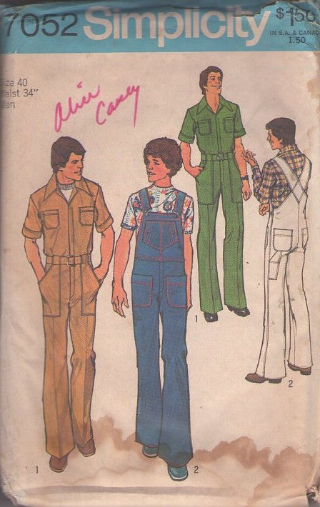 Simplicity 7052 Vintage 70's Sewing Pattern Men's Overalls, Denim, Cargo Pockets Mechanic Jumpsuit, Coveralls, Painter Pants Pockets Size 40 L