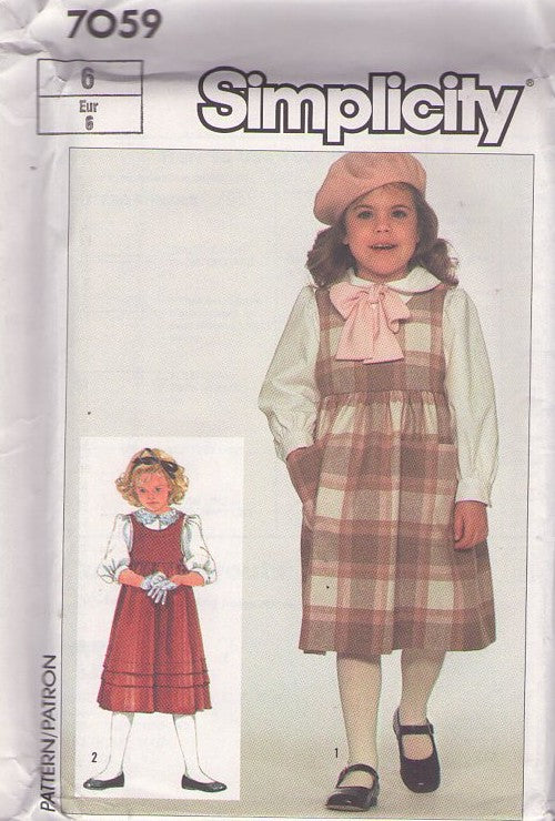 Simplicity 7059 Vintage 80's Sewing Pattern Girls' Separates, Blouse, Modest Cottagecore High Waisted Jumper, Horizontal Pleat Details Dress Size 5