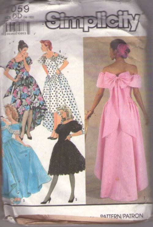 Simplicity 7059 Vintage 90's Sewing Pattern Prom Dress, Formal, High Low, Midi, Short Basque Waist Flared Full Skirt, Off the Shoulders, Fancy Party Dress, 5 Styles Size 4-10