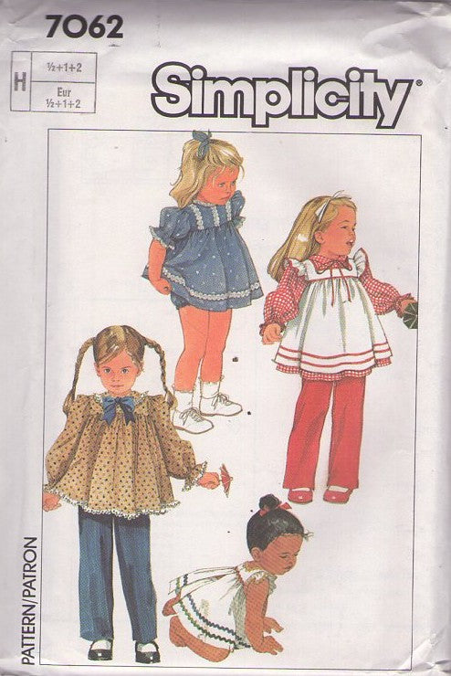 Simplicity 7062 Vintage 80's Sewing Pattern TODDLER Separates, Baby Girl's Puff Sleeve Dress, Flared Smock Top Blouse, Apron Sundress, Bloomer Panties & Pants Size 1/2-2