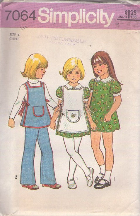 Simplicity 7064 Vintage 70's Sewing Pattern Girl's Dresses, Puff Sleeve Simple Party Dress, Tied Sides Sandwich Board Pinafore Apron, Cover & Pants Size 4 UNCUT