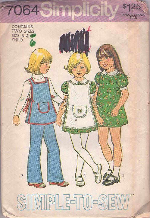 Simplicity 7064 Vintage 70's Sewing Pattern Girl's Dresses, Puff Sleeve Simple Party Dress, Tied Sides Sandwich Board Pinafore Apron, Cover & Pants Size 5-6