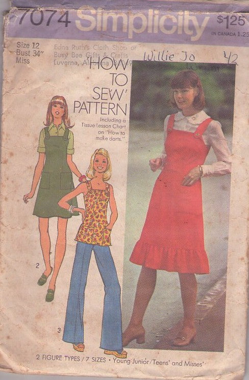 Simplicity 7074 Vintage 70's Sewing Pattern Easy Jumper, Top Set, How to Sew Button Shoulder Strap Smock Top, Jumper, Sun Dress with Ruffle Size 12