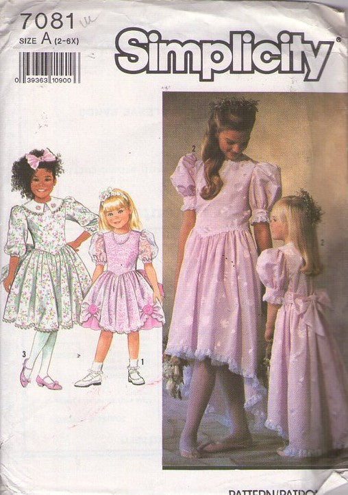 Simplicity 7081 Vintage 90's Sewing Pattern Girl's Dress, Basque Waist, Fancy Party, Flower Girl, First Dance High-Low Skirt Dress Set, 3 Styles Size 2-6X