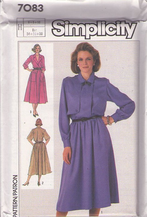 Simplicity 7083 Vintage 80's Sewing Pattern Secretary Day Dress, HUGE Pockets, Surplice or Asymmetrical Button Close, Epaulets and Back Flap Size 6-10