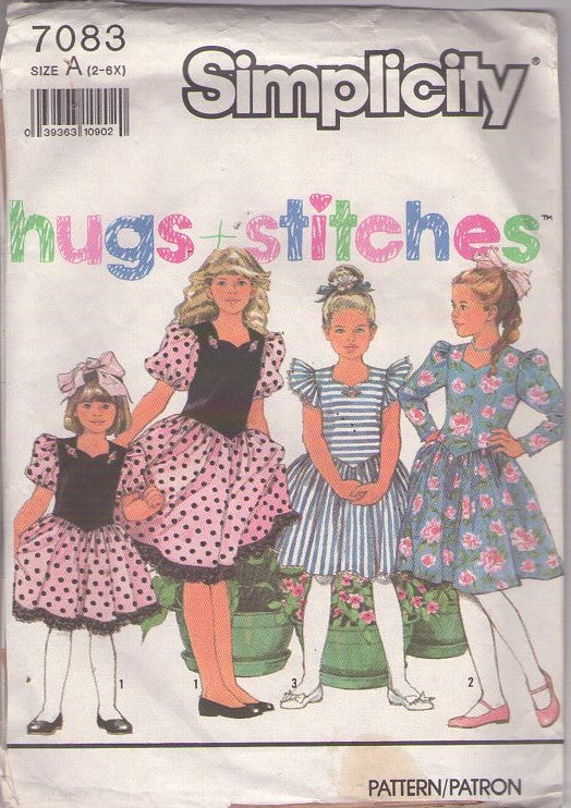 Simplicity 7083 Vintage 90's Sewing Pattern Girl's Party Dress Set, Hugs & Stitches Sweetheart Neck, Basque Waist, Full Modest Skirt Party Dress, Cottagecore, Garden Party, 3 Styles Size 2-6X