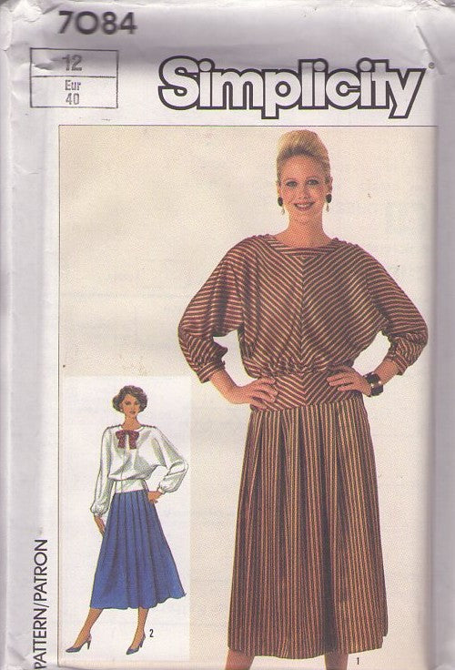 Simplicity 7084 Vintage 80's Sewing Pattern New Wave Dress, Batwing Office Dress, Bias Drop Waist Hip Yoke Pleated Skirt, Contrast or All 1 Fabric Size 10