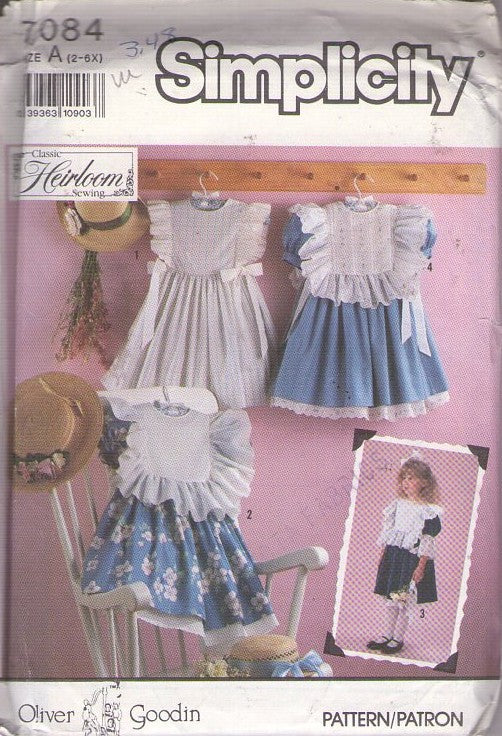 Simplicity 7084 Vintage 90's Sewing Pattern Girl's Party Dresses, Classic Heirloom by Oliver Goodin, Ruffled Yoke, Flared Skirt, Lace Trim Dress, Trim Variations and Back Buttoned Slip Size 2-6X