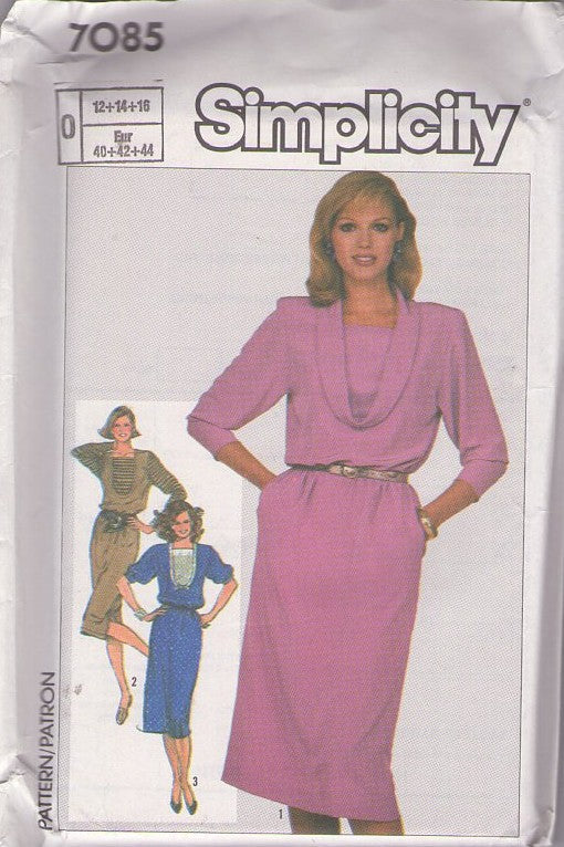 Simplicity 7085 Vintage 80's Sewing Pattern Dress Set, Cowl or Pleated Dickey Front Office Party Dress Set Size 12-16