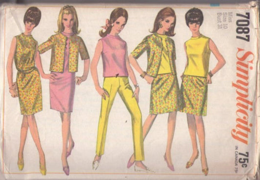 Simplicity 7087 Vintage 60's Sewing Pattern Mod Separates, Mix & Match Top, A-Line or Sheath Skirt, Tapered Slacks, Jacket Blouse Size 10