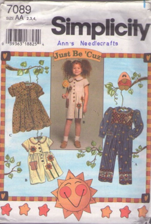 Simplicity 7089 Retro 90's Sewing Pattern Girl's Just Be 'Cuz Cottagecore Shorts, Romper, Jumpsuit, Dress, Sunflower Appliques & Flower Pot Pockets Size 2-4