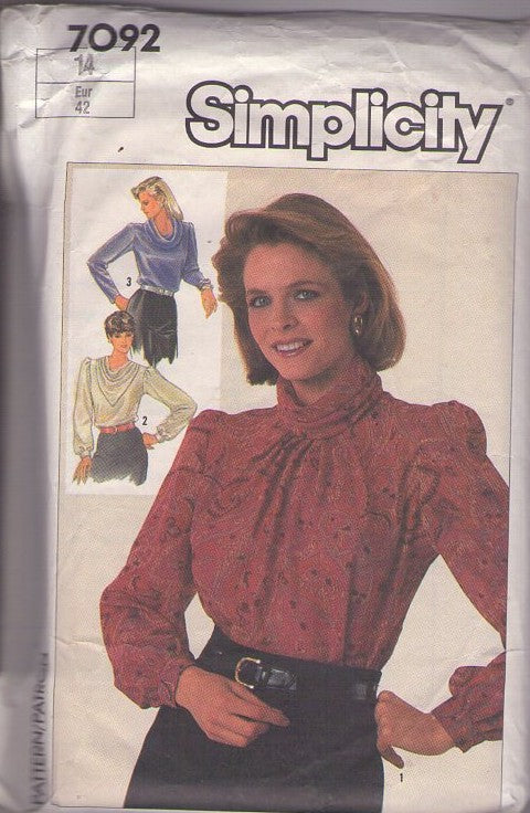 Simplicity 7092 Vintage 80's Sewing Pattern Secretary Blouses, Shirt, Cowl or Draped Neck Suit Blouse Set 3 Styles Size 14