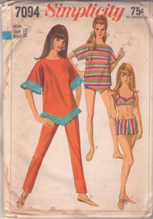 Simplicity 7094 Vintage 60's Sewing Pattern Mod Gogo Bikini Bathing Suit, Bra Top, Boy Shorts, Fringe Shirt, Tapered Pants Size 12