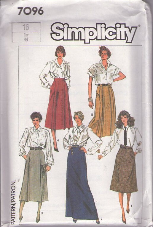 Simplicity 7096 Vintage 80's Sewing Pattern Long Skirts, Pleat Details Office Secretary or Long Floor Length Evening Skirt Set Size 10