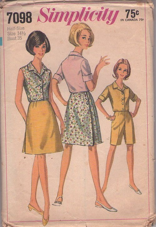 Simplicity 7098 Vintage 60's Sewing Pattern Mod Separates, Housewife, Summer Button Up Blouse, Wrap Around Skirt, Long Bermuda Walking Shorts Size 14.5