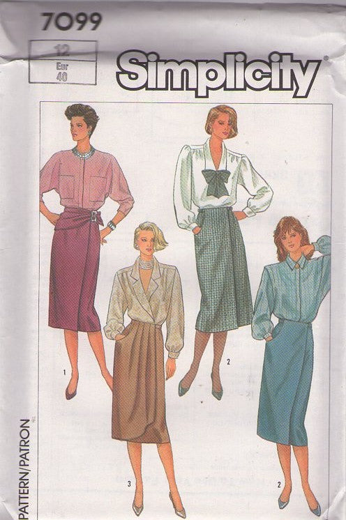 Simplicity 7099 Vintage 80's Sewing Pattern Wrap Around Skirts, Office Secretary Skirt Set, Wide Sash Belt, Pleats, Pockets Size 10