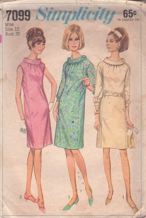 Simplicity 7099 Vintage 60's Sewing Pattern Mod Dress, Mad Men Roll Collar Party Dress, Flat Front Panel, 3 Styles Size 12