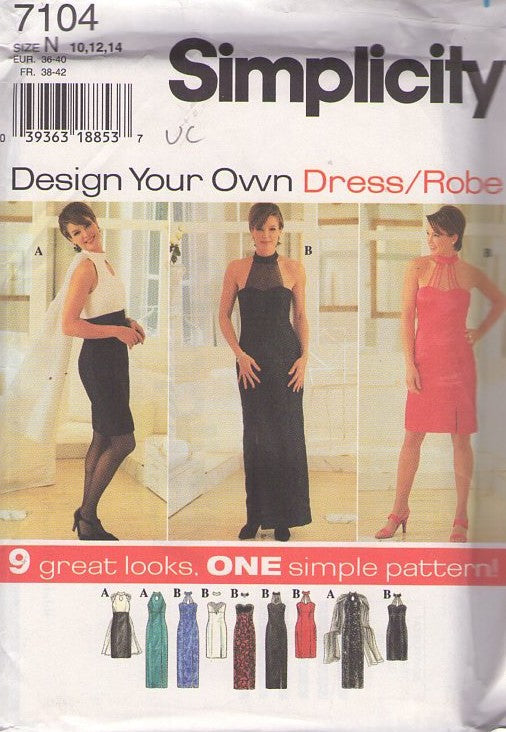 Simplicity 7104 Retro 90's Sewing Pattern Evening Dress Set, Design Your Own Dress Sheer or Strap Collar, Strapless, Halter Top Evening Gown, Holiday Cocktail Party Dress 9 Great Looks Size 10-14