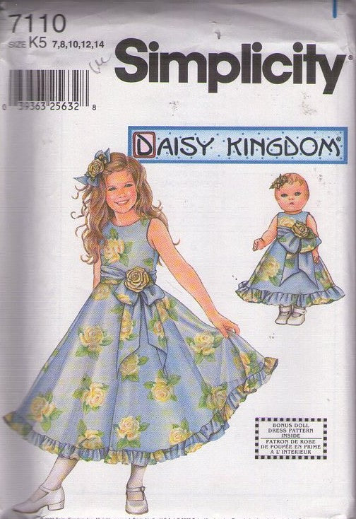 Simplicity 7110 Retro 2002 Sewing Pattern Girl's Dresses, Modest Daisy Kingdom Cottagecore Flared Full Skirt Party Dress, Matching 18 Doll Outfit Size 7-14