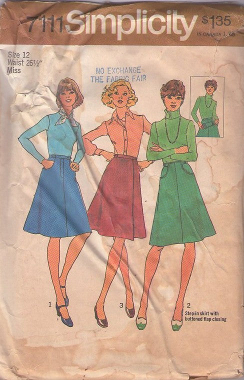 Simplicity 7111 Vintage 70's Sewing Pattern Disco Era Skirts, Fly Front Denim Jean or Wrap Around Flared Secretary Skirt Set Size 12