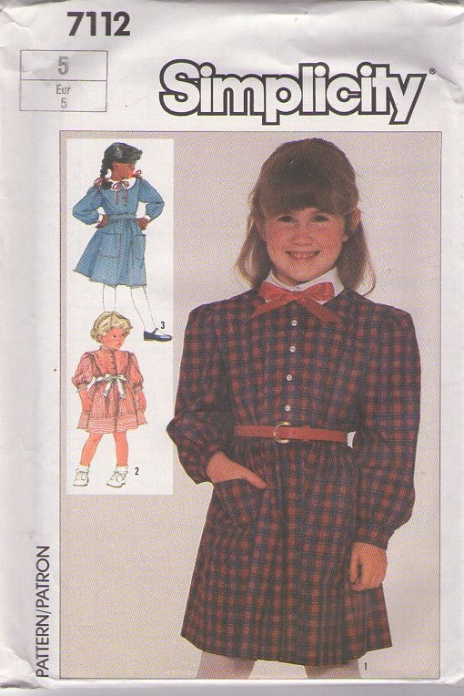 Simplicity 7112 Vintage 80's Sewing Pattern Girl's Dresses, Modest Flared Skirt School Day, Party Dress Size 4