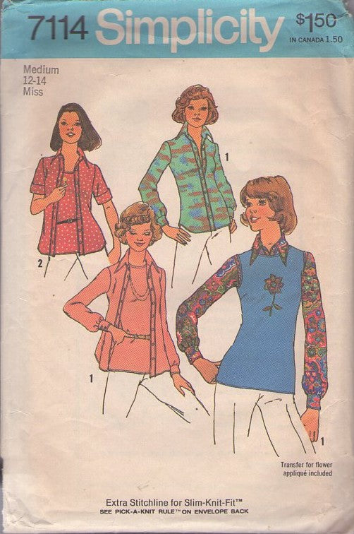 Simplicity 7114 Vintage 70's Sewing Pattern Hippie Tops, Knits Pullover Tank Top, Novelty Print Shirt Jacket Blouse Size M